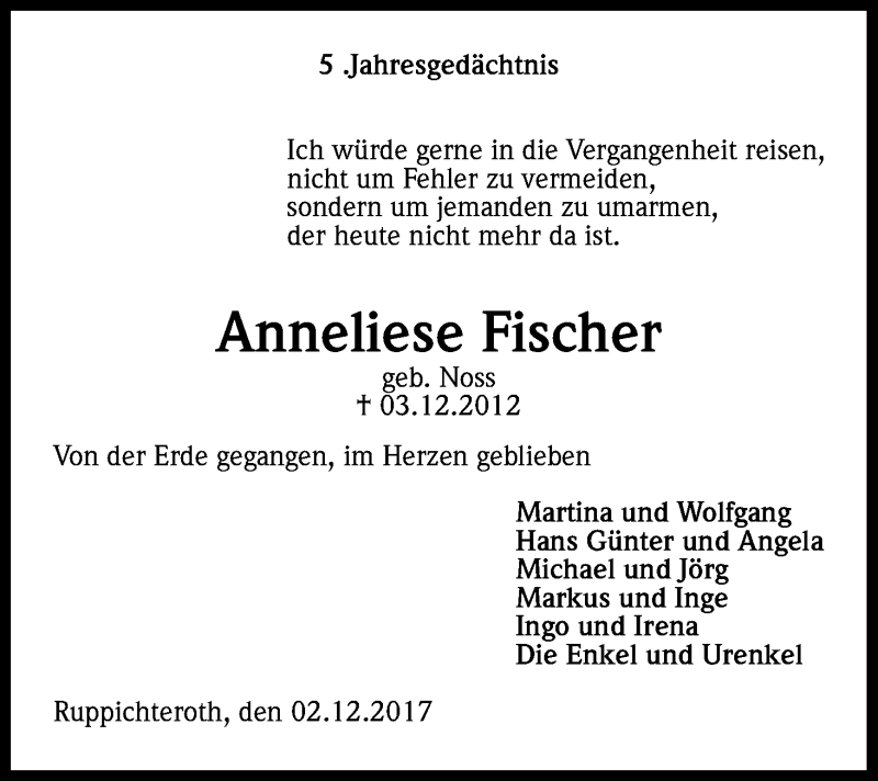  Traueranzeige für Anneliese Fischer vom 02.12.2017 aus Kölner Stadt-Anzeiger / Kölnische Rundschau / Express