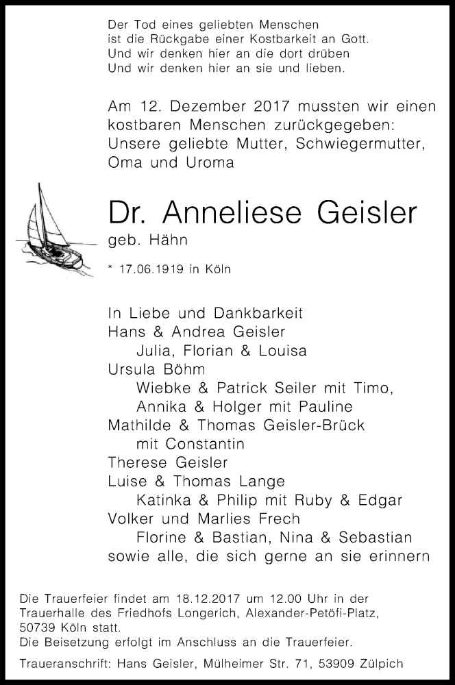  Traueranzeige für Anneliese Geisler vom 15.12.2017 aus Kölner Stadt-Anzeiger / Kölnische Rundschau / Express