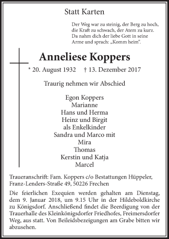 Anzeige von Anneliese Koppers von  Sonntags-Post 