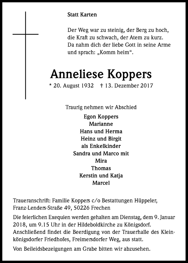  Traueranzeige für Anneliese Koppers vom 30.12.2017 aus Kölner Stadt-Anzeiger / Kölnische Rundschau / Express