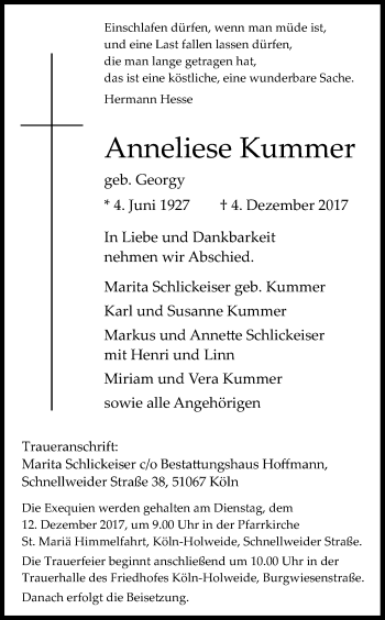 Anzeige von Anneliese Kummer von Kölner Stadt-Anzeiger / Kölnische Rundschau / Express