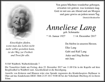 Anzeige von Anneliese Lang von Kölner Stadt-Anzeiger / Kölnische Rundschau / Express