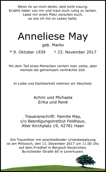 Anzeige von Anneliese May von Kölner Stadt-Anzeiger / Kölnische Rundschau / Express