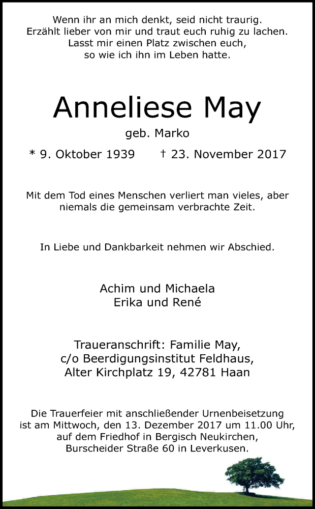 Traueranzeige für Anneliese May vom 09.12.2017 aus Kölner Stadt-Anzeiger / Kölnische Rundschau / Express