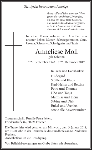 Anzeige von Anneliese Moll von  Sonntags-Post 