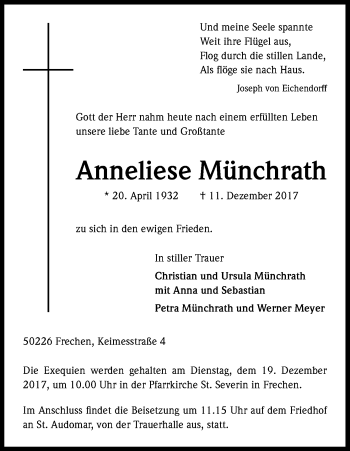 Anzeige von Anneliese Münchrath von Kölner Stadt-Anzeiger / Kölnische Rundschau / Express