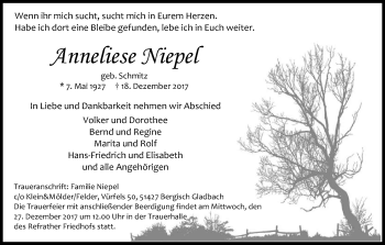 Anzeige von Anneliese Niepel von Kölner Stadt-Anzeiger / Kölnische Rundschau / Express