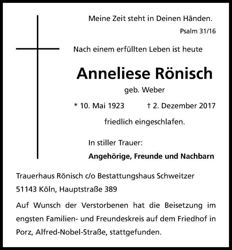  Traueranzeige für Anneliese Rönisch vom 13.12.2017 aus Kölner Stadt-Anzeiger / Kölnische Rundschau / Express