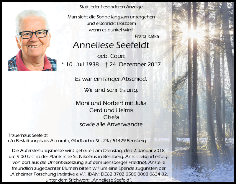  Traueranzeige für Anneliese Seefeldt vom 29.12.2017 aus Kölner Stadt-Anzeiger / Kölnische Rundschau / Express