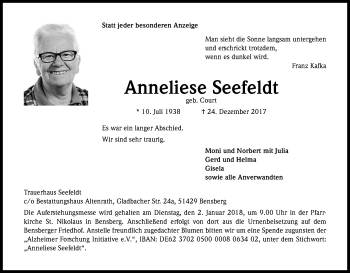 Anzeige von Anneliese Seefeldt von Kölner Stadt-Anzeiger / Kölnische Rundschau / Express