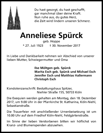 Anzeige von Anneliese Spürck von Kölner Stadt-Anzeiger / Kölnische Rundschau / Express