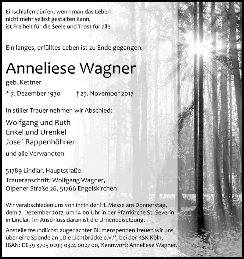  Traueranzeige für Anneliese Wagner vom 02.12.2017 aus Kölner Stadt-Anzeiger / Kölnische Rundschau / Express