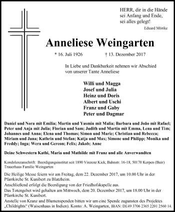 Anzeige von Anneliese Weingarten von Kölner Stadt-Anzeiger / Kölnische Rundschau / Express