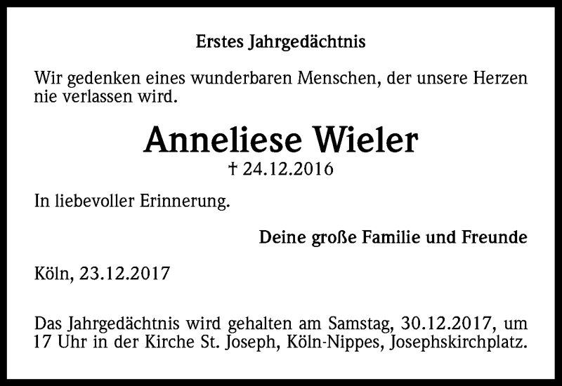  Traueranzeige für Anneliese Wieler vom 23.12.2017 aus Kölner Stadt-Anzeiger / Kölnische Rundschau / Express
