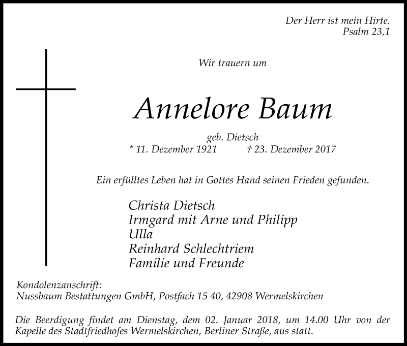 Traueranzeige für Annelore Baum vom 28.12.2017 aus Kölner Stadt-Anzeiger / Kölnische Rundschau / Express
