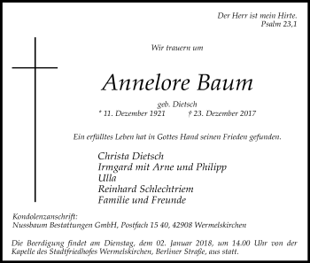 Anzeige von Annelore Baum von Kölner Stadt-Anzeiger / Kölnische Rundschau / Express