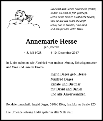 Anzeige von Annemarie Hesse von Kölner Stadt-Anzeiger / Kölnische Rundschau / Express