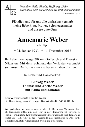 Anzeige von Annemarie Weber von Kölner Stadt-Anzeiger / Kölnische Rundschau / Express