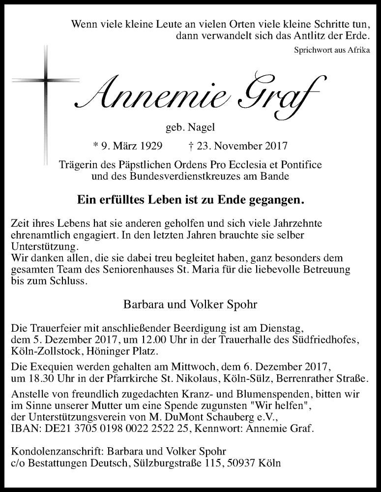  Traueranzeige für Annemie Graf vom 02.12.2017 aus Kölner Stadt-Anzeiger / Kölnische Rundschau / Express