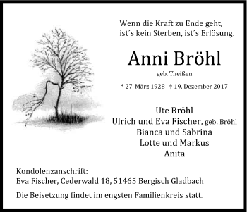 Anzeige von Anni Bröhl von Kölner Stadt-Anzeiger / Kölnische Rundschau / Express