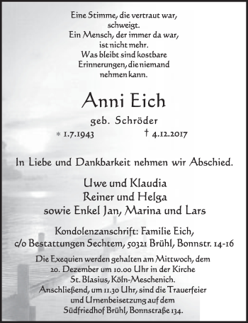 Anzeige von Anni Eich von  Schlossbote/Werbekurier 