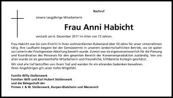 Anzeige von Anni Habicht von Kölner Stadt-Anzeiger / Kölnische Rundschau / Express