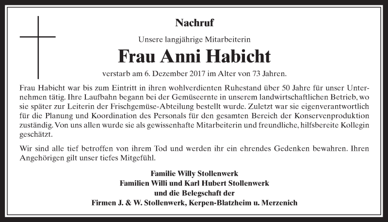  Traueranzeige für Anni Habicht vom 16.12.2017 aus  Sonntags-Post 