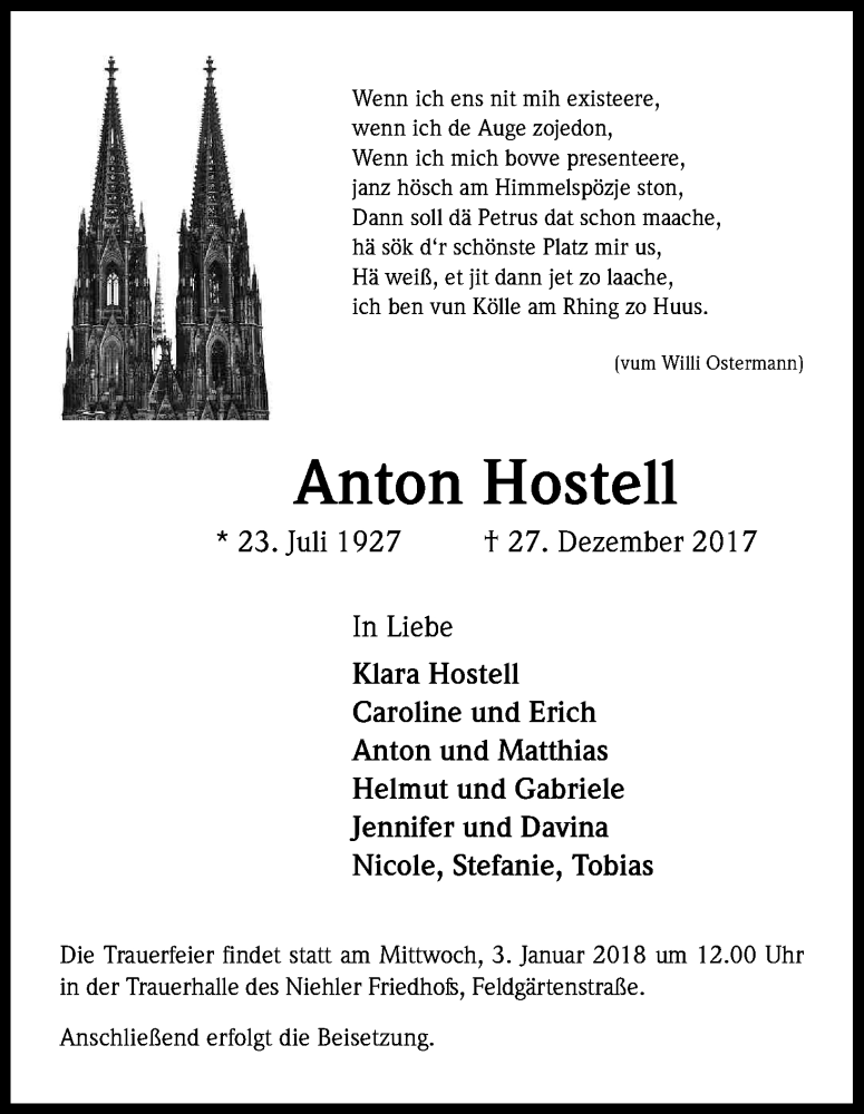  Traueranzeige für Anton Hostell vom 30.12.2017 aus Kölner Stadt-Anzeiger / Kölnische Rundschau / Express