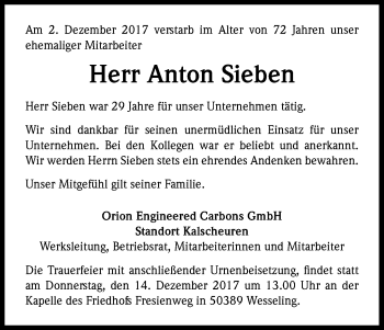 Anzeige von Anton Sieben von Kölner Stadt-Anzeiger / Kölnische Rundschau / Express