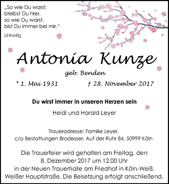 Anzeige von Antonia Kunze von  Kölner Wochenspiegel 