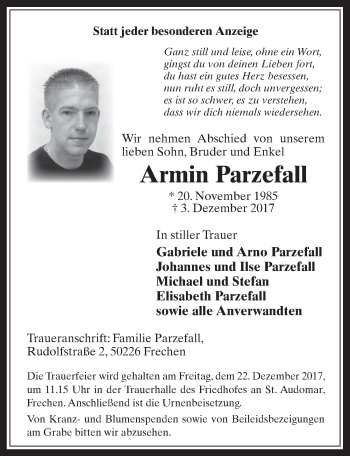 Anzeige von Armin Parzefall von  Wochenende 