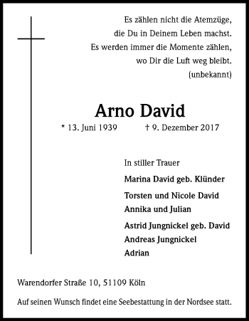 Anzeige von Arno David von Kölner Stadt-Anzeiger / Kölnische Rundschau / Express