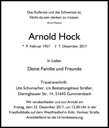 Anzeige von Arnold Hock von Kölner Stadt-Anzeiger / Kölnische Rundschau / Express