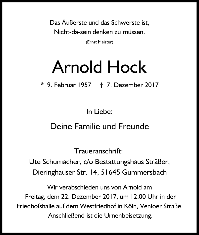 Traueranzeige für Arnold Hock vom 15.12.2017 aus Kölner Stadt-Anzeiger / Kölnische Rundschau / Express