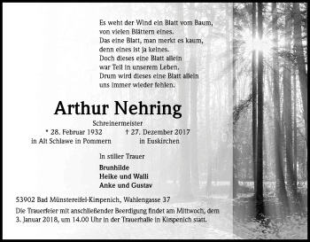 Anzeige von Arthur Nehring von Kölner Stadt-Anzeiger / Kölnische Rundschau / Express