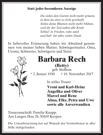Anzeige von Barbara Rech von  Wochenende 