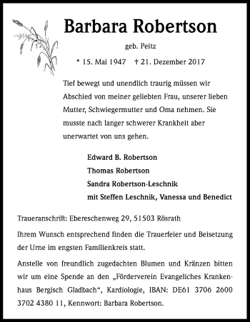 Anzeige von Barbara Robertson von Kölner Stadt-Anzeiger / Kölnische Rundschau / Express