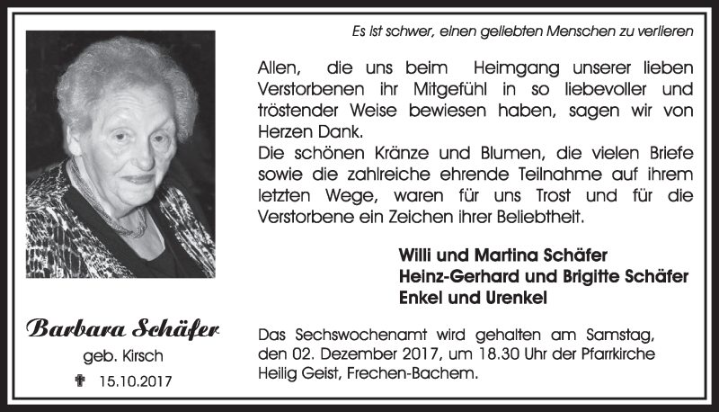  Traueranzeige für Barbara Schäfer vom 02.12.2017 aus  Sonntags-Post 