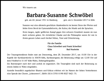 Anzeige von Barbara-Susanne Schwöbel von Kölner Stadt-Anzeiger / Kölnische Rundschau / Express