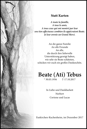 Anzeige von Beate Ati Tebus von Kölner Stadt-Anzeiger / Kölnische Rundschau / Express