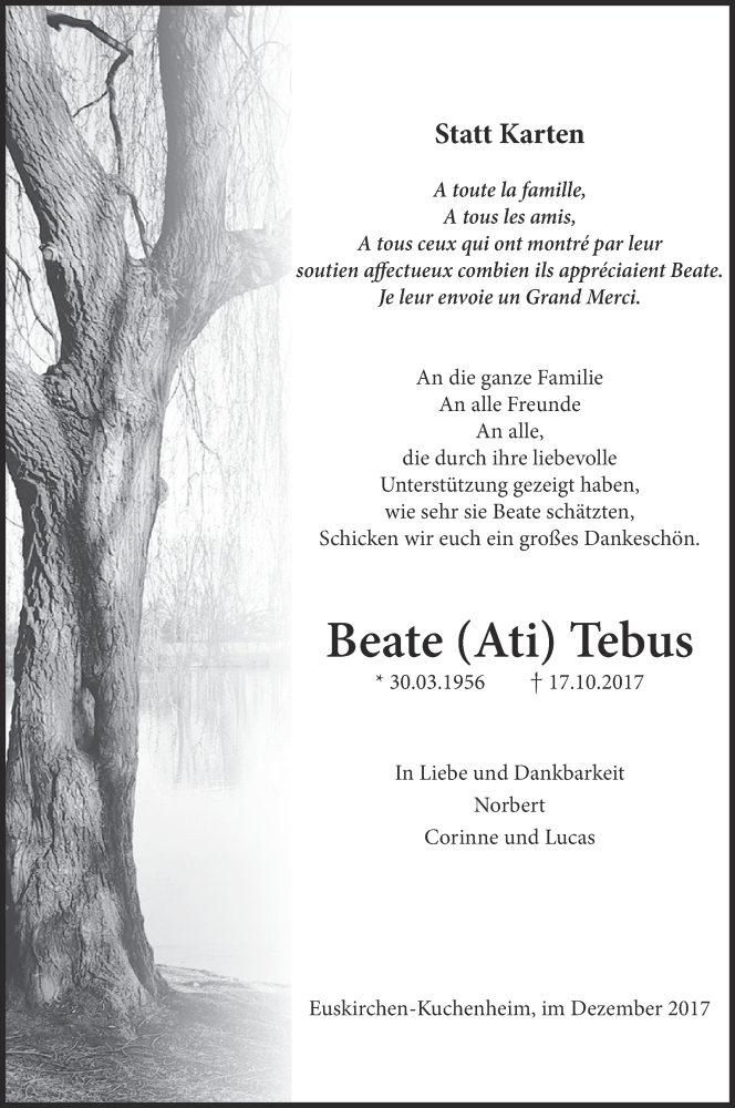  Traueranzeige für Beate Ati Tebus vom 16.12.2017 aus  Blickpunkt Euskirchen 