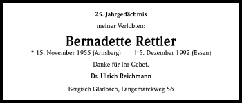 Anzeige von Bernadette Rettler von Kölner Stadt-Anzeiger / Kölnische Rundschau / Express