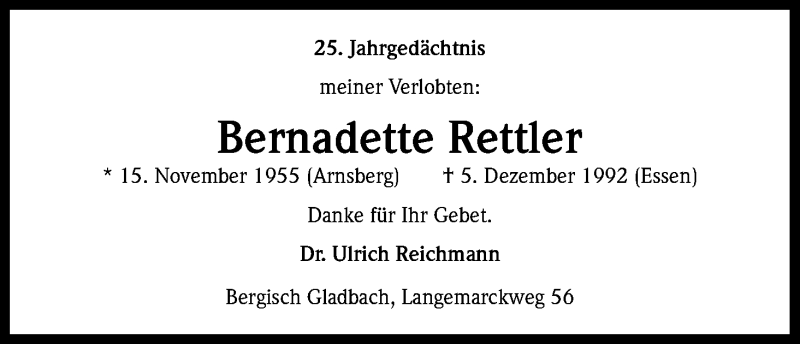  Traueranzeige für Bernadette Rettler vom 06.12.2017 aus Kölner Stadt-Anzeiger / Kölnische Rundschau / Express