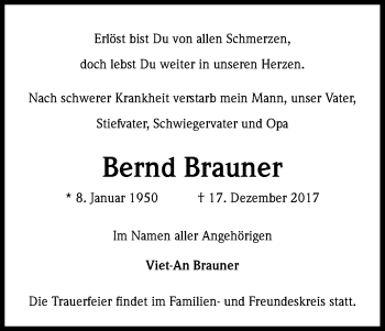 Anzeige von Bernd Brauner von Kölner Stadt-Anzeiger / Kölnische Rundschau / Express