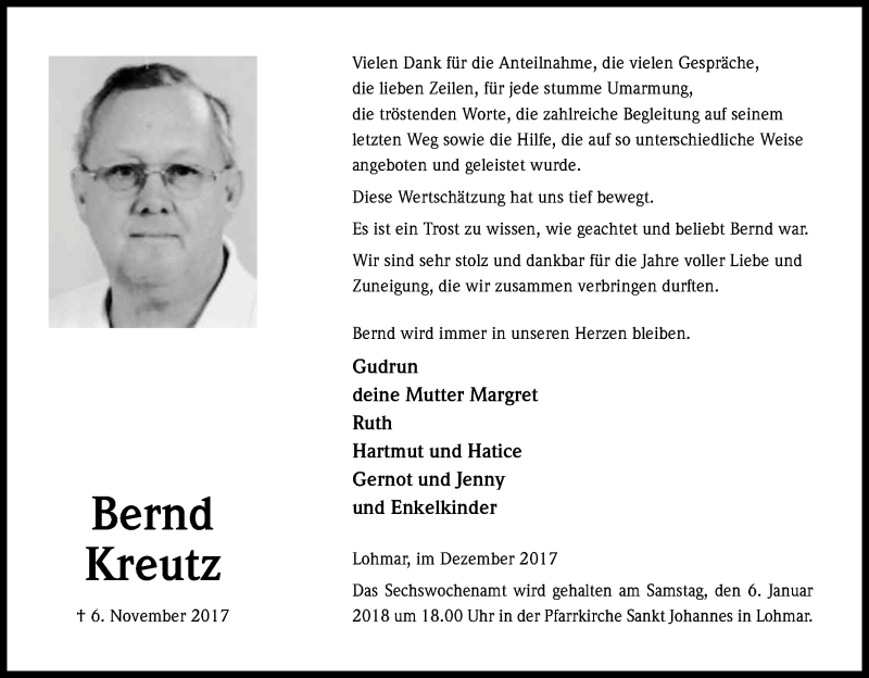  Traueranzeige für Bernd Kreutz vom 23.12.2017 aus Kölner Stadt-Anzeiger / Kölnische Rundschau / Express