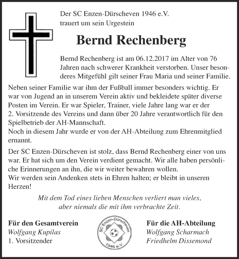  Traueranzeige für Bernd Rechenberg vom 16.12.2017 aus  Blickpunkt Euskirchen 