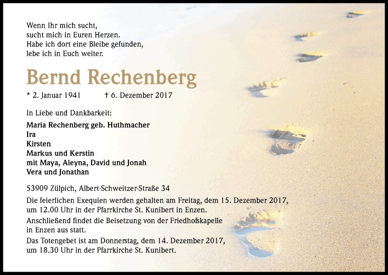  Traueranzeige für Bernd Rechenberg vom 11.12.2017 aus Kölner Stadt-Anzeiger / Kölnische Rundschau / Express