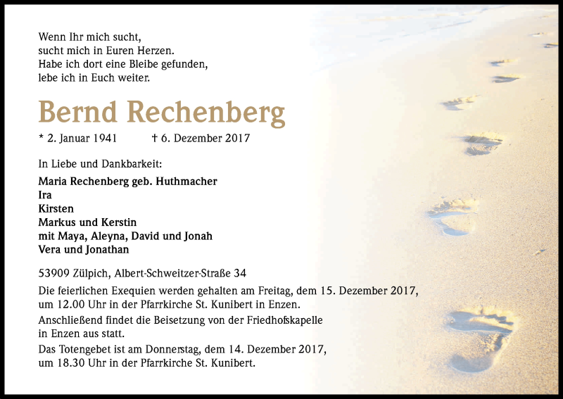  Traueranzeige für Bernd Rechenberg vom 13.12.2017 aus Kölner Stadt-Anzeiger / Kölnische Rundschau / Express