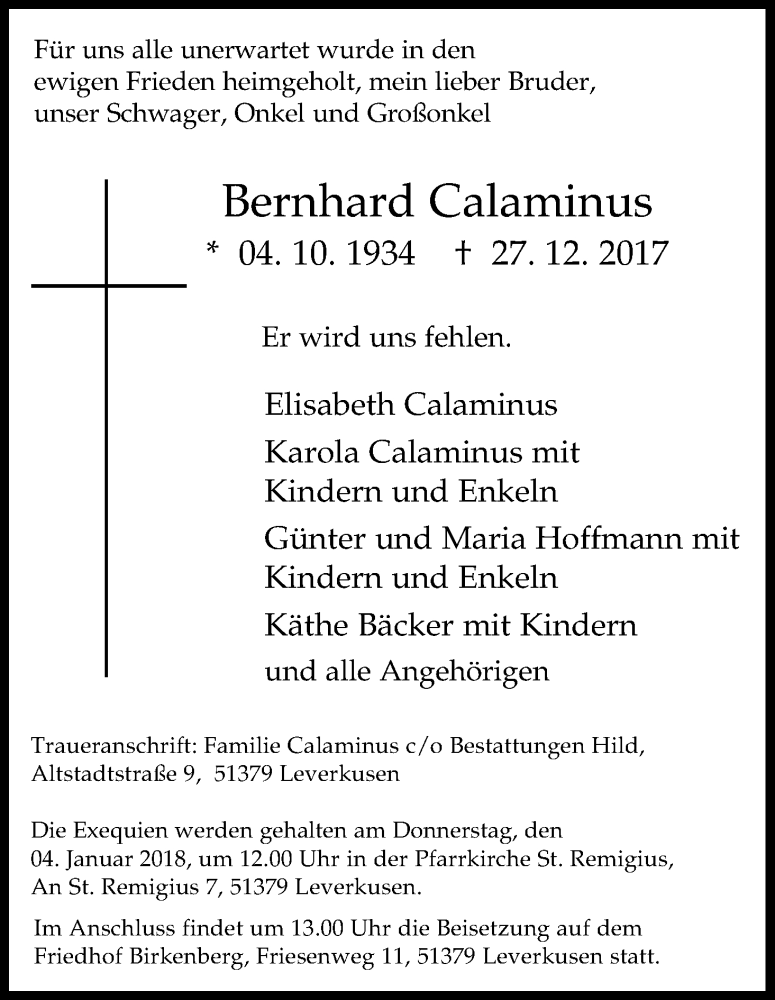  Traueranzeige für Bernhard Calaminus vom 30.12.2017 aus Kölner Stadt-Anzeiger / Kölnische Rundschau / Express
