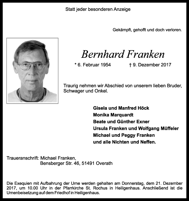  Traueranzeige für Bernhard Franken vom 16.12.2017 aus Kölner Stadt-Anzeiger / Kölnische Rundschau / Express